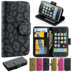 iPhone 4S / 4 Leopard Flip Leather Wallet Case (Black)